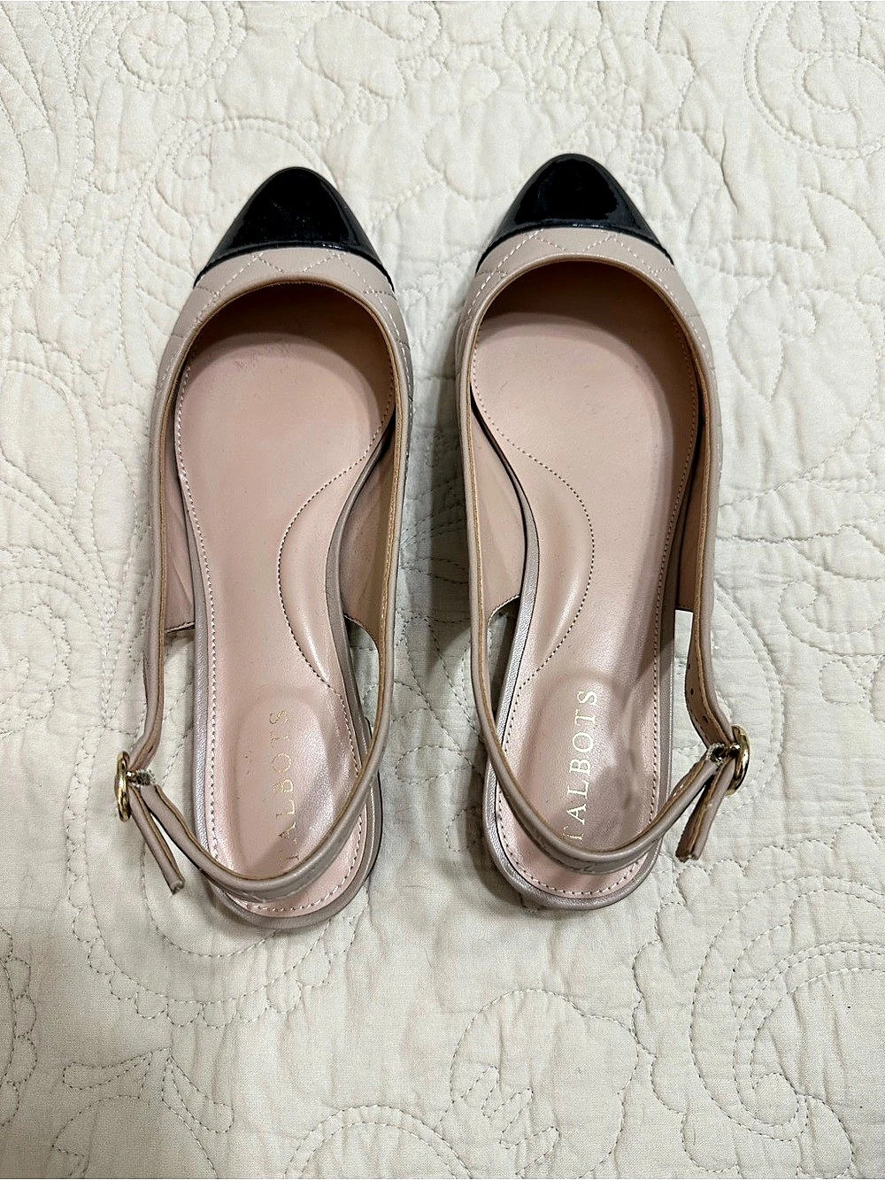 Talbots Quilted Slingback Flats in Beige & Black Spectator style. Beige Leather